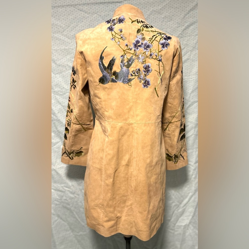 bagatelle Beige Suede Leather Embroidered Floral Coat - Picture 3 of 9